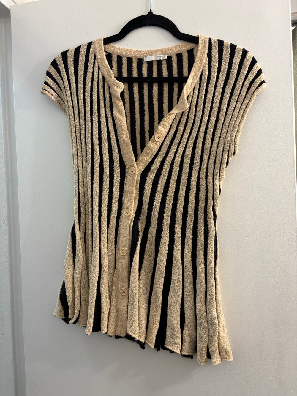 Zara Beige and Black Striped Button-Front Knit Top